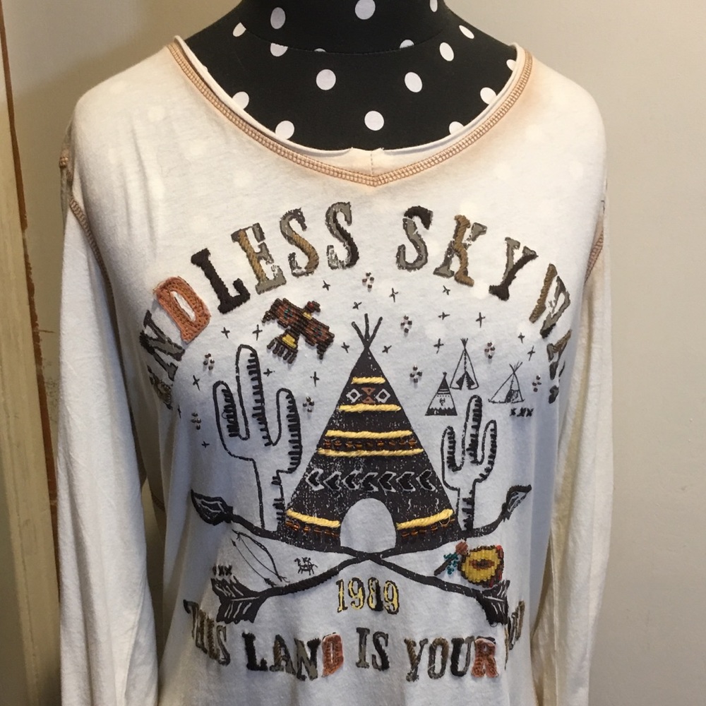 Double D Ranch White Graphic Long Sleeve Tee with Brown and Yellow Accents